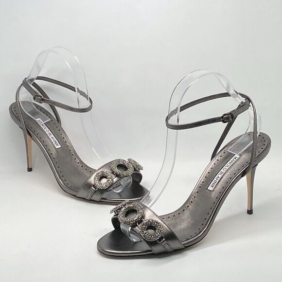Manolo Blahnik Alvisa Crystal-Embellished Metallic Leather Sandals size 40 - Picture 7 of 13